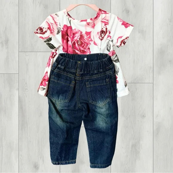 Girls Floral Tiered Top and Distressed Dark Jeans Set - Pink & White - 9-12M - Picture 2 of 2